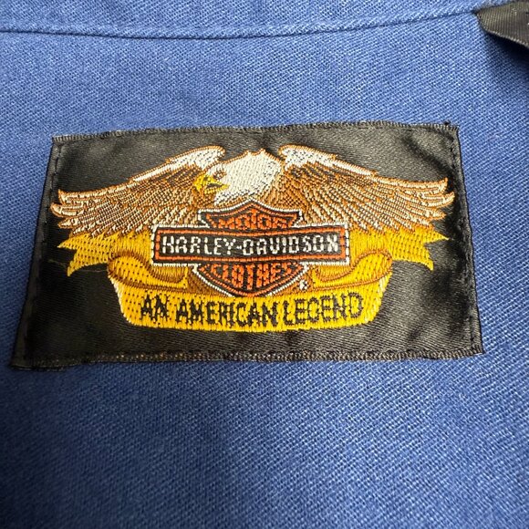 EUC Men's HARLEY DAVIDSON Embroidered Camp Collar Two-Toned Blue Shirt | Size XL - Picture 4 of 5